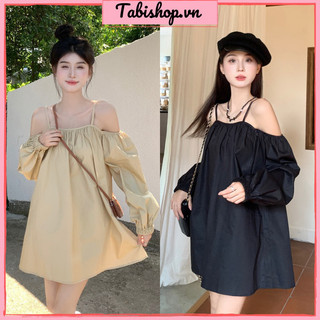Đầm babydoll tay phồng TABISHOP Váy 2 dây bẹt vai tay dài form rộng phong cách Hàn Quốc dễ thương