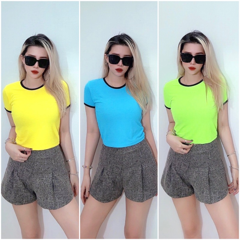Áo croptop cổ tròn thun sốp viền đen 3 màu nổi bật