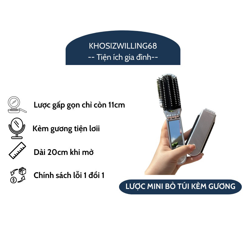 Lược gấp gọn kèm gương mini bỏ túi