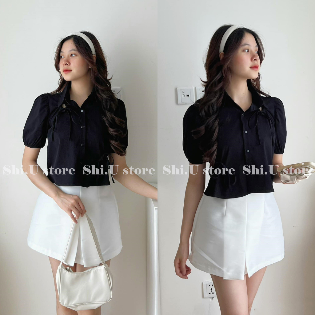 Áo sơ mi trơn croptop tay bồng thắt nơ rút dây xinh xắn