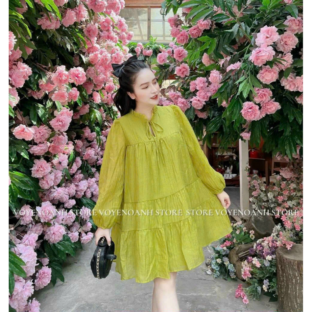 Đầm babydoll cổ tròn cột dây nơ tay dài, đầm xòe tiểu thư 2 màu hồng xanh đi biển, du lịch xinh xắn