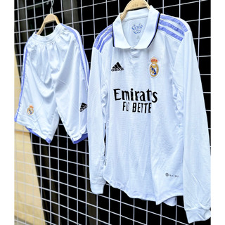 Set bộ quần áo bóng đá dài tay clb realmadrid kền kền trắng vải gai mịn mè lục giác áo trắng quần trắng 2022 2023