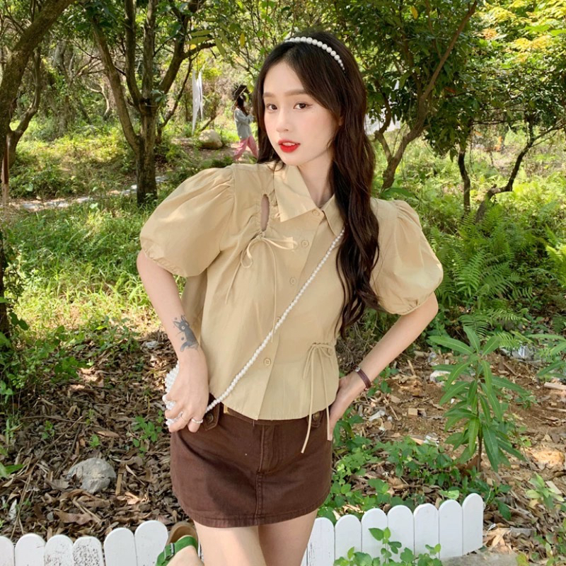 Áo sơ mi dáng croptop có dây rút eo chất vải đũi nhăn - M213