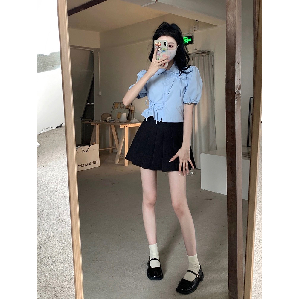Áo sơ mi dáng croptop có dây rút eo chất vải đũi nhăn - M213