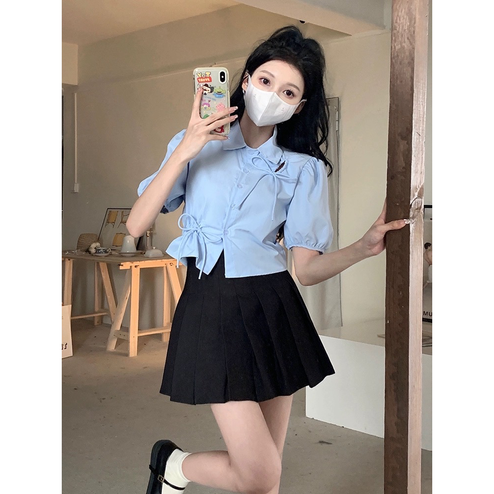 Áo sơ mi dáng croptop có dây rút eo chất vải đũi nhăn - M213