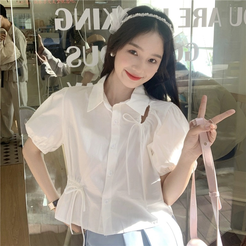 Áo sơ mi dáng croptop có dây rút eo chất vải đũi nhăn - M213