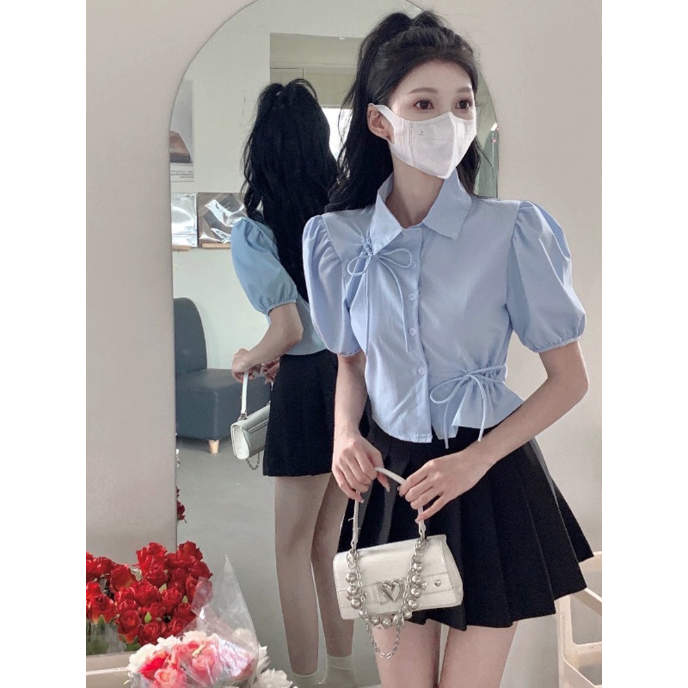 Áo sơ mi dáng croptop có dây rút eo chất vải đũi nhăn - M213