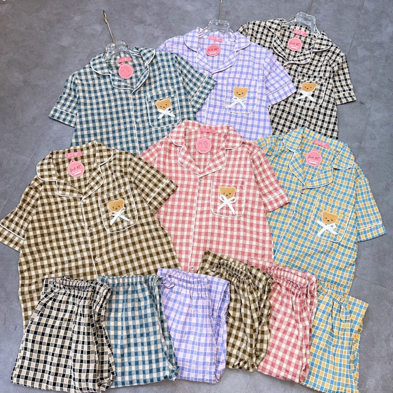 Bộ Pijama Mặc Nhà Hàng Cộc Dài Chất Đũi Kẻ Mềm Phối Gấu