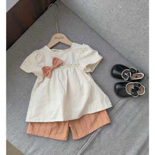 Bộ quần áo thô mềm phối ren đính nơ - A53