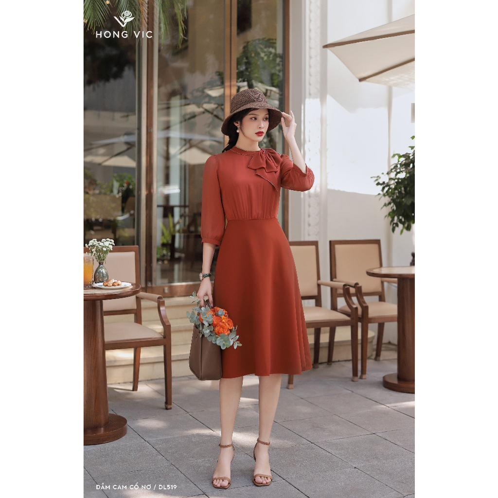 Đầm nữ thiết kế Hong Vic cam cổ nơ DL519