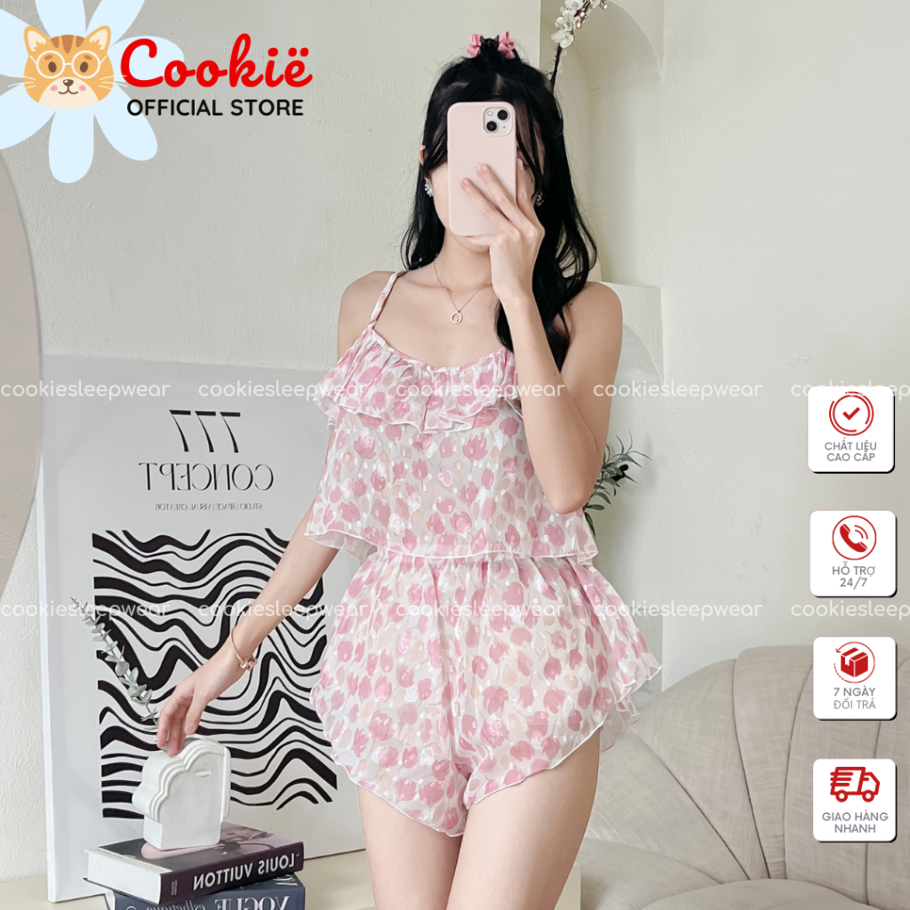 Bộ Đồ Ngủ Mặc Nhà, 2 Dây Bèo Nhúng, Voan Hàn Nổi Hoa Xuyên Thấu Mềm Mịn Bèo Nhúng Ngực Gợi Cảm, Sexy Thoải Mái BDLAHT189