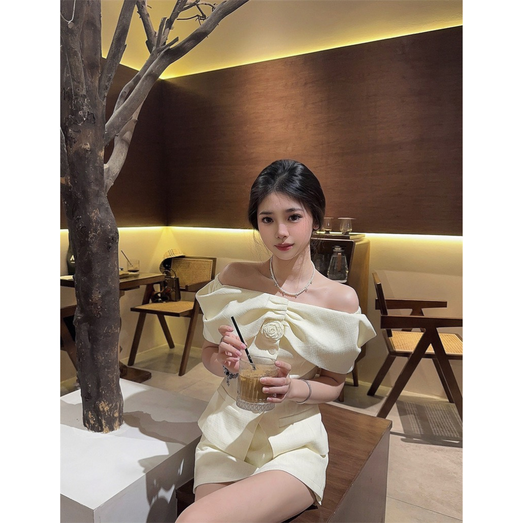 Set áo tweed trễ vai tiểu thư sang chảnh tặng kèm hoa cài chân váy A 2 lớp