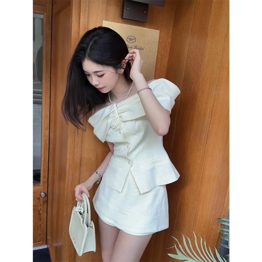 Set áo tweed trễ vai tiểu thư sang chảnh tặng kèm hoa cài chân váy A 2 lớp