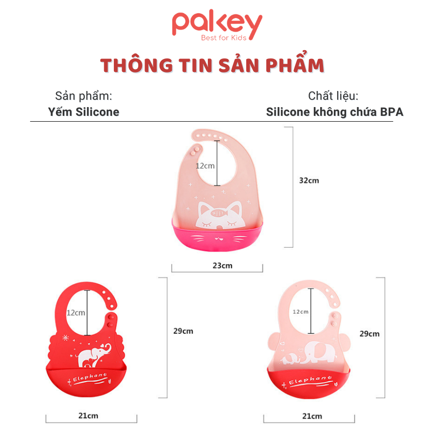 Yếm ăn dặm cho bé 3D Silicone có máng rộng chống thấm Pakey, Yếm tập ăn dẻo nhiều nấc điều chỉnh cho bé