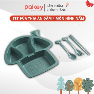 Set đĩa ăn dặm 4 món chất liệu lúa mạch cao cấp sẵn 2 màu cho bé, Bộ đĩa ăn dặm kèm đũa thìa hình nấm đáng yêu