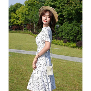 Đầm bi cổ V nút trắng 2 màu (kèm hình thật)