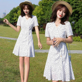 Đầm bi cổ V nút trắng 2 màu (kèm hình thật)