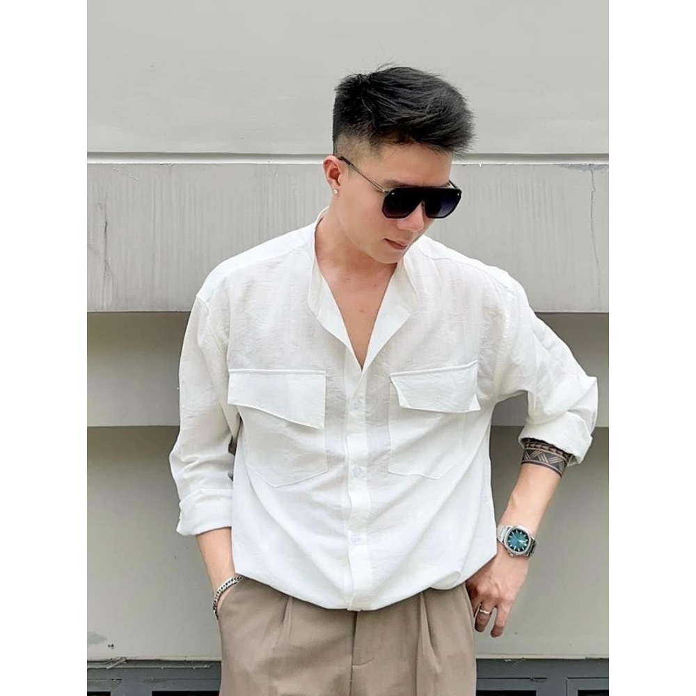 Áo Sơ Mi Cổ Tàu Nam 2 Túi Ngực Màu Trắng Kem OCONNER Form Rộng Vải Đũi Dài Tay Thời Trang Hàn Quốc