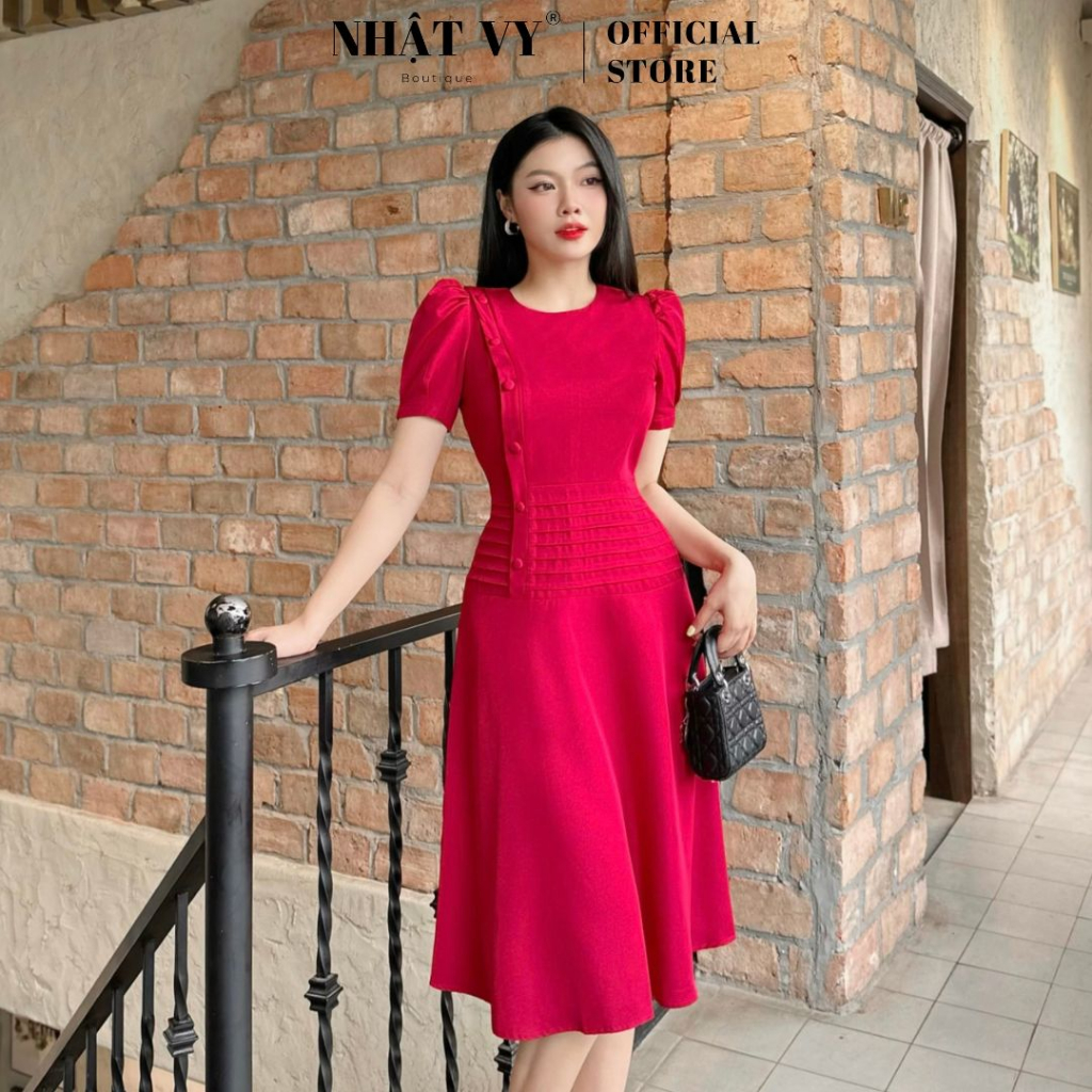 Đầm dự tiệc Nhật Vy cổ tròn đính cúc bọc eo dập ly dáng xoè chất lụa phù hợp công sở đi chơi sang trọng - D2820