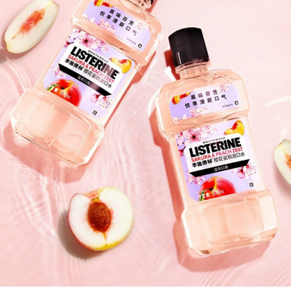 Nước súc miệng Listerine mix vị Đào và Hoa Anh Đào 250ml, 100m, 500ml - Sakura & Peach - Khử mùi diệt khuẩn ngăn sâu răn