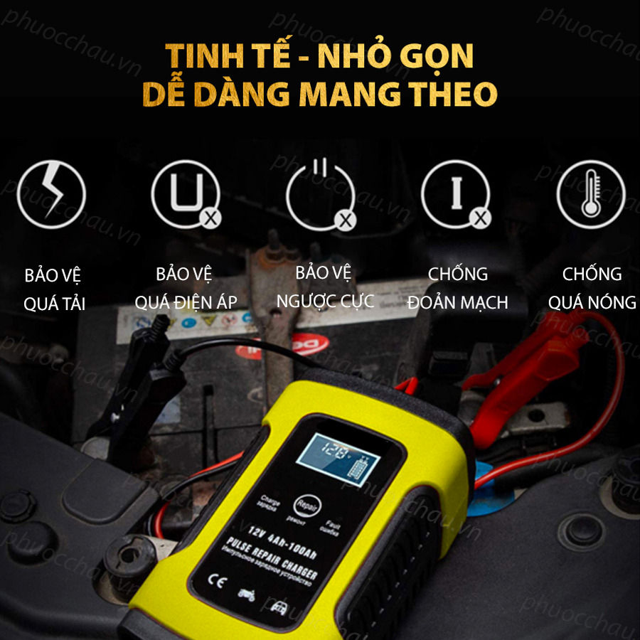 Bộ Sạc Acquy, Máy Sạc Ắc Quy FOXSUR 12V 5A Kèm Phục Hồi Bình, Sạc Bình Acquy, Tự Ngắt Khi Đầy, Khử Sunfat