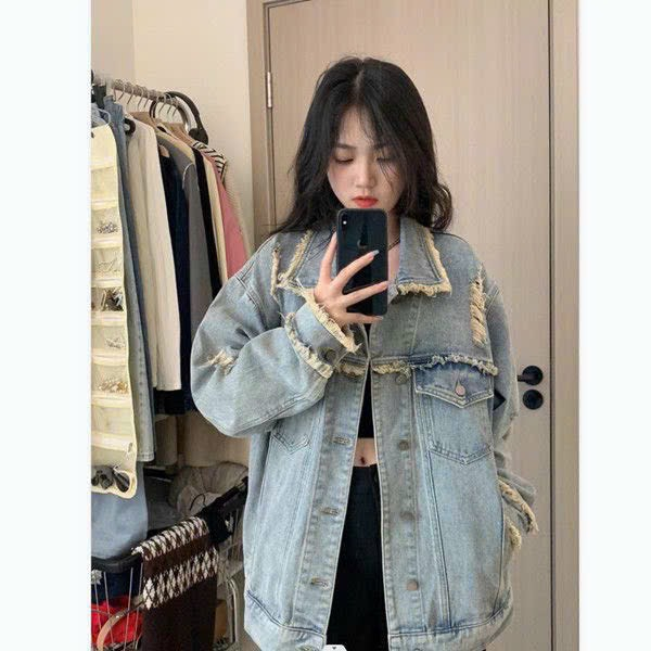 Áo khoác jean nữ form rộng , áo khoác bò xanh phông cách unisex