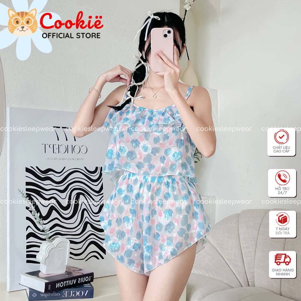 Bộ Đồ Ngủ Mặc Nhà, 2 Dây Bèo Nhúng, Voan Hàn Nổi Hoa Xuyên Thấu Mềm Mịn Bèo Nhúng Ngực Gợi Cảm, Sexy Thoải Mái BDLAHT189