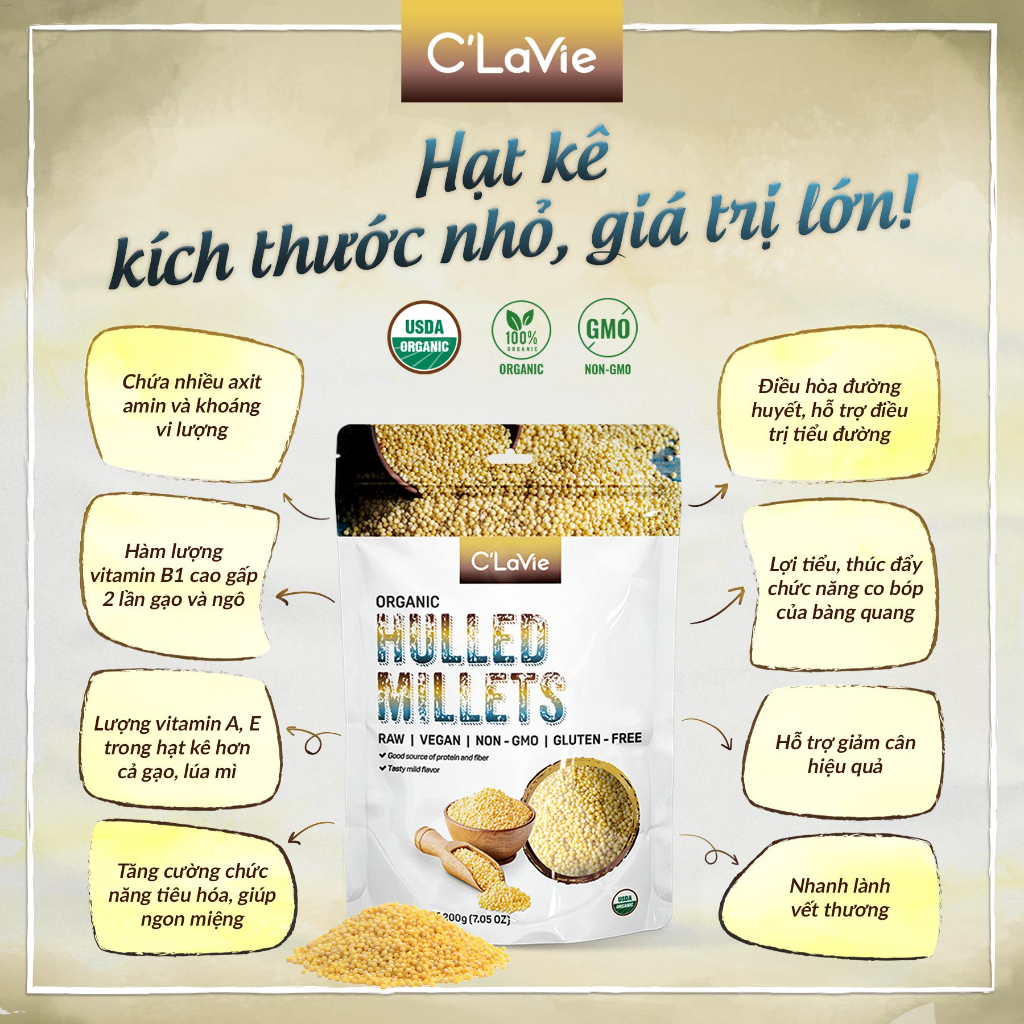 Hạt kê hữu cơ gói 200g chứa nhiều sắt, vitamin B, lợi tiểu giải nhiệt làm bánh,đồ ăn dặm cho bé