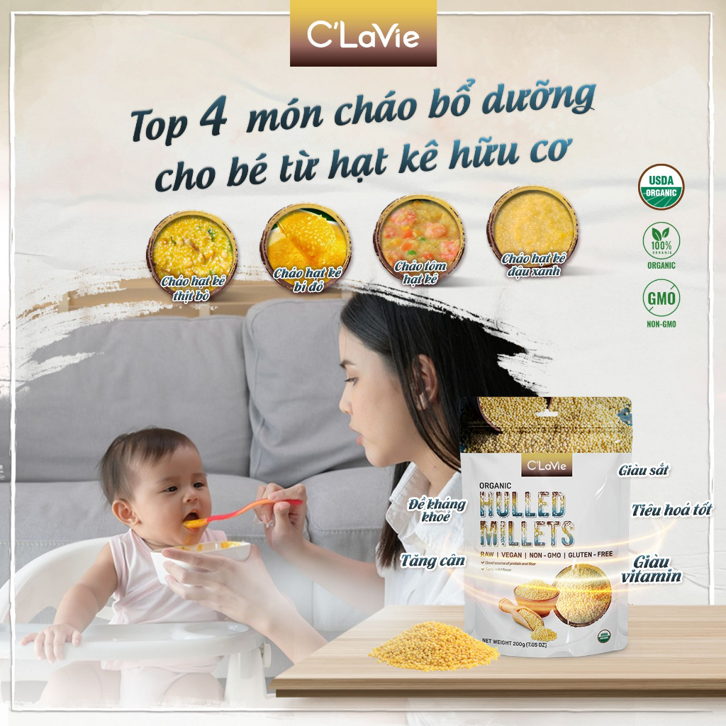 Hạt kê hữu cơ gói 200g chứa nhiều sắt, vitamin B, lợi tiểu giải nhiệt làm bánh,đồ ăn dặm cho bé