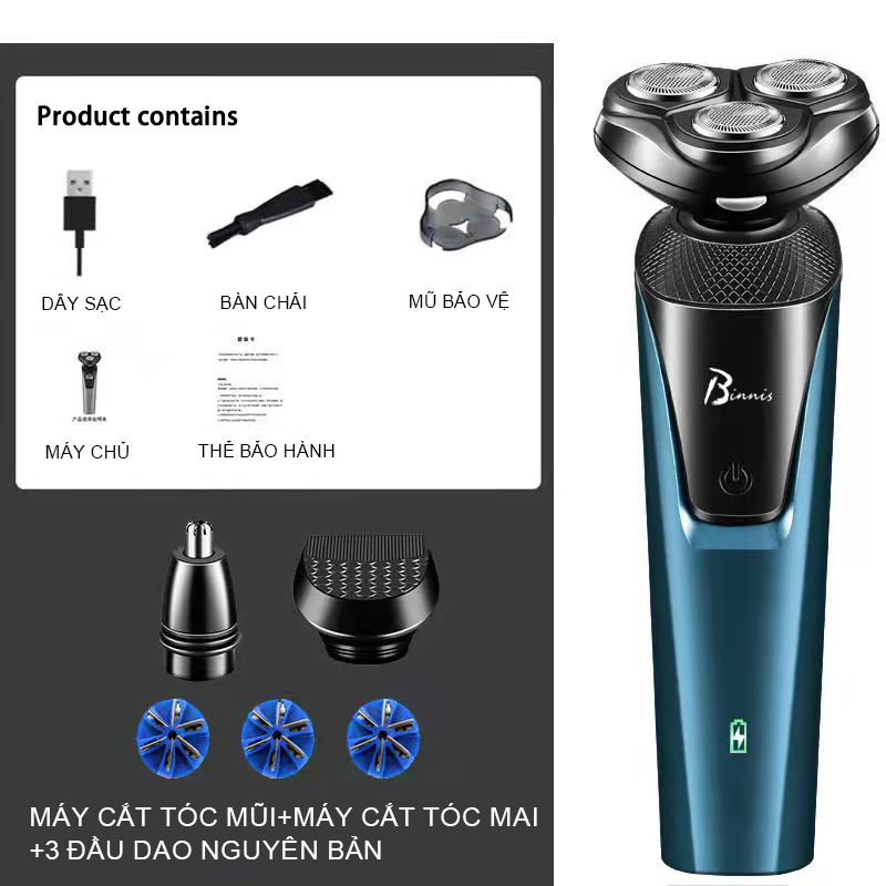 Máy cạo râu 3 in 1 thông minh Binnis,kiêm tỉa lông mũi cao cấp,IPX7 chống nước chuẩn