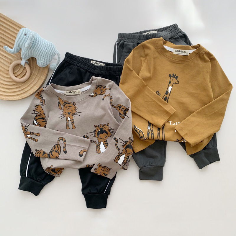 SP002877 Bộ cotton dài tay cho bé, set bộ hoạt hình bé trai, bé gái, trang phục trẻ em thu đông có sẵn