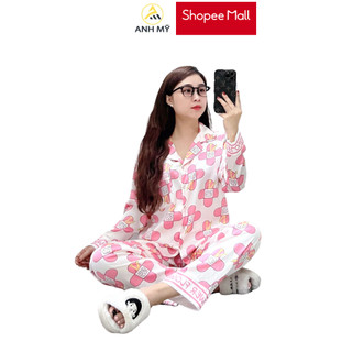 Đồ bộ nữ pijama ANH MỸ chất liệu lụa xước ánh kim cao cấp chính hãng tay dài quần dài XUOCTDQD-04 HỒNG HOA