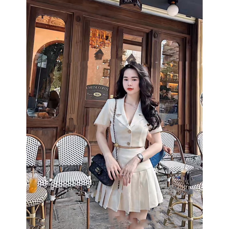 Set Vest Tay Ngắn Crotop Mix Chân Váy Xếp Ly Phong Cách Hàn Quốc SB5067 - Lolla Fashion