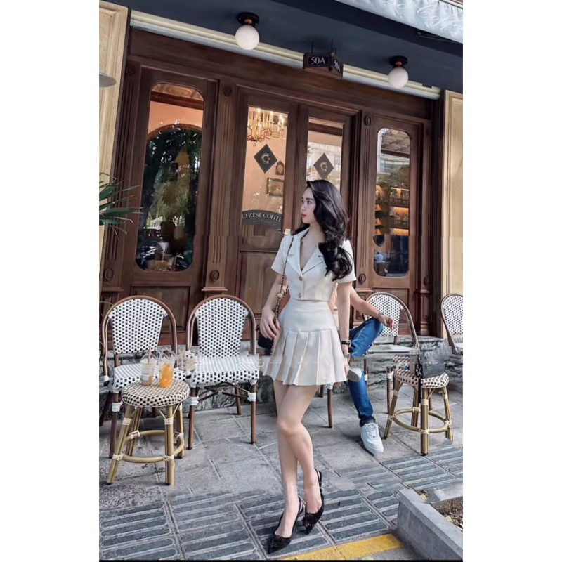 Set Vest Tay Ngắn Crotop Mix Chân Váy Xếp Ly Phong Cách Hàn Quốc SB5067 - Lolla Fashion