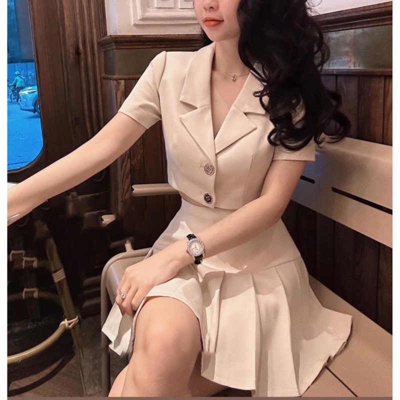 Set Vest Tay Ngắn Crotop Mix Chân Váy Xếp Ly Phong Cách Hàn Quốc SB5067 - Lolla Fashion