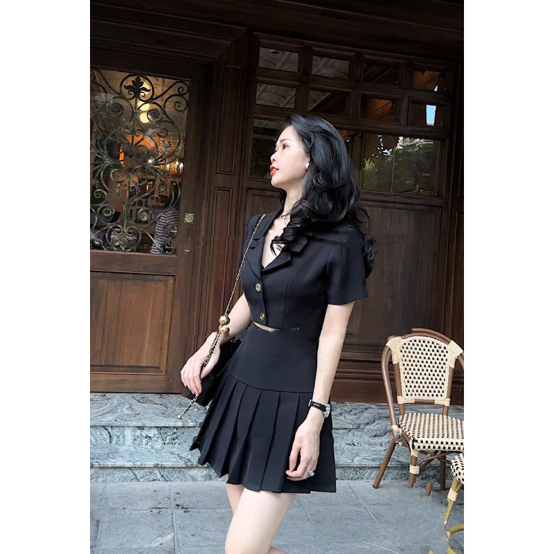 Set Vest Tay Ngắn Crotop Mix Chân Váy Xếp Ly Phong Cách Hàn Quốc SB5067 - Lolla Fashion