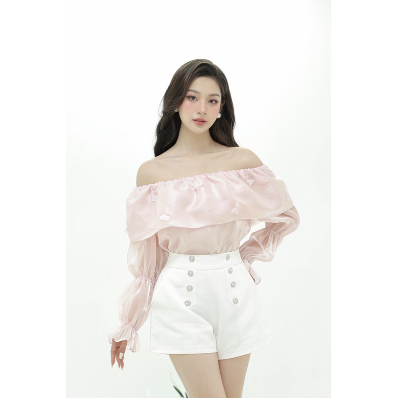 Áo trễ vai đính 3d tơ tiểu thư
