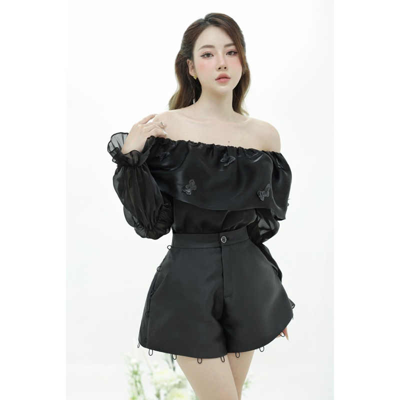 Áo trễ vai đính 3d tơ tiểu thư