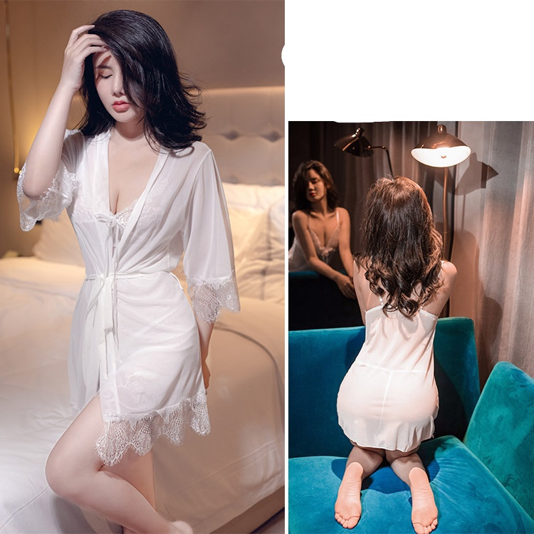 Váy ngủ sexy ren ngực xuyên thấu gợi cảm kèm áo choàng và quần chip G string 3083