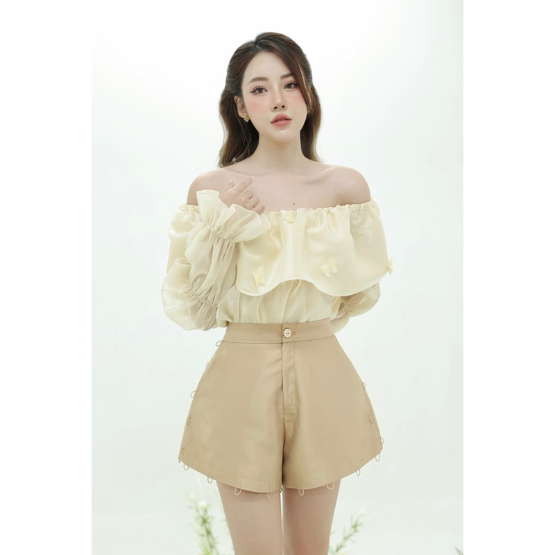 Áo trễ vai đính 3d tơ tiểu thư