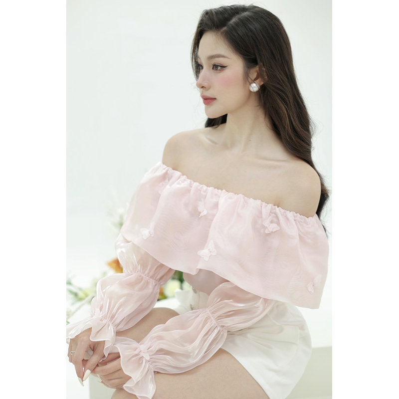 Áo trễ vai đính 3d tơ tiểu thư