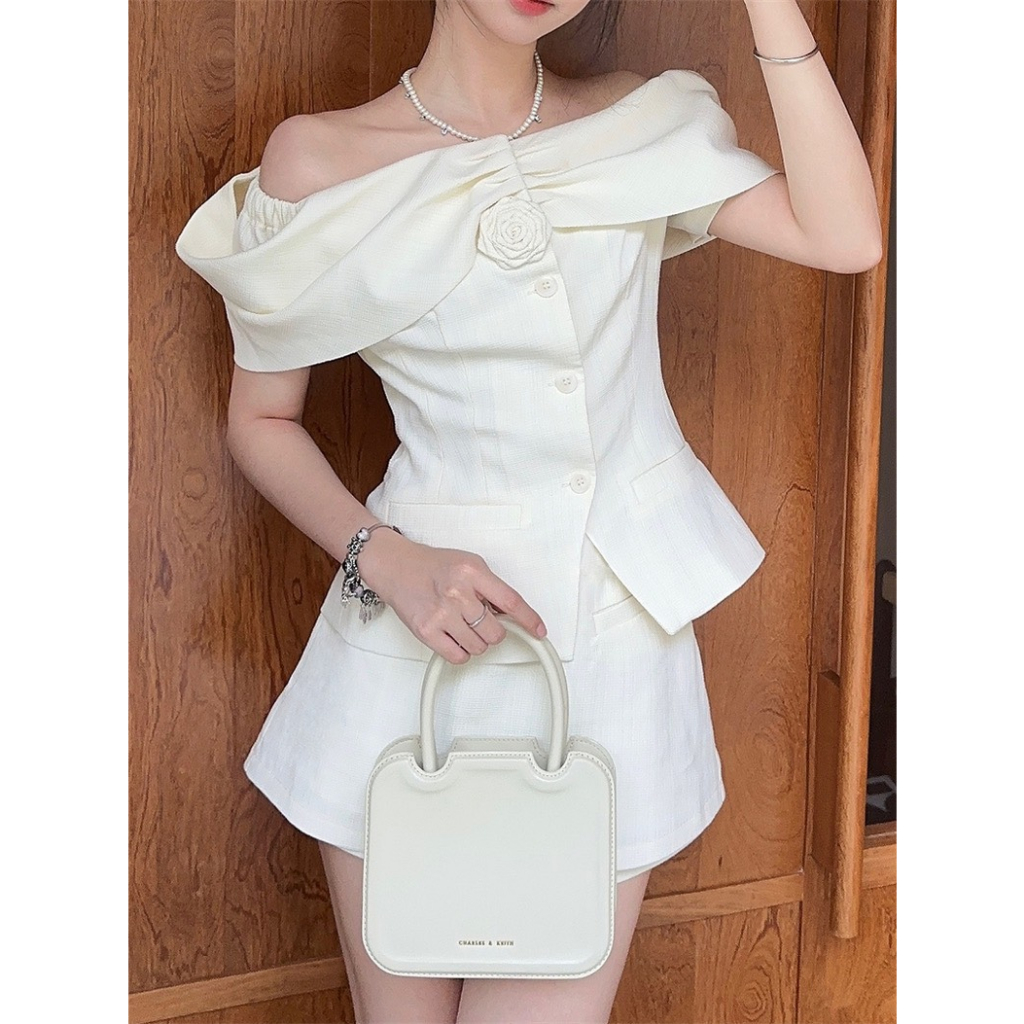 Set áo tweed trễ vai tiểu thư sang chảnh tặng kèm hoa cài chân váy A 2 lớp