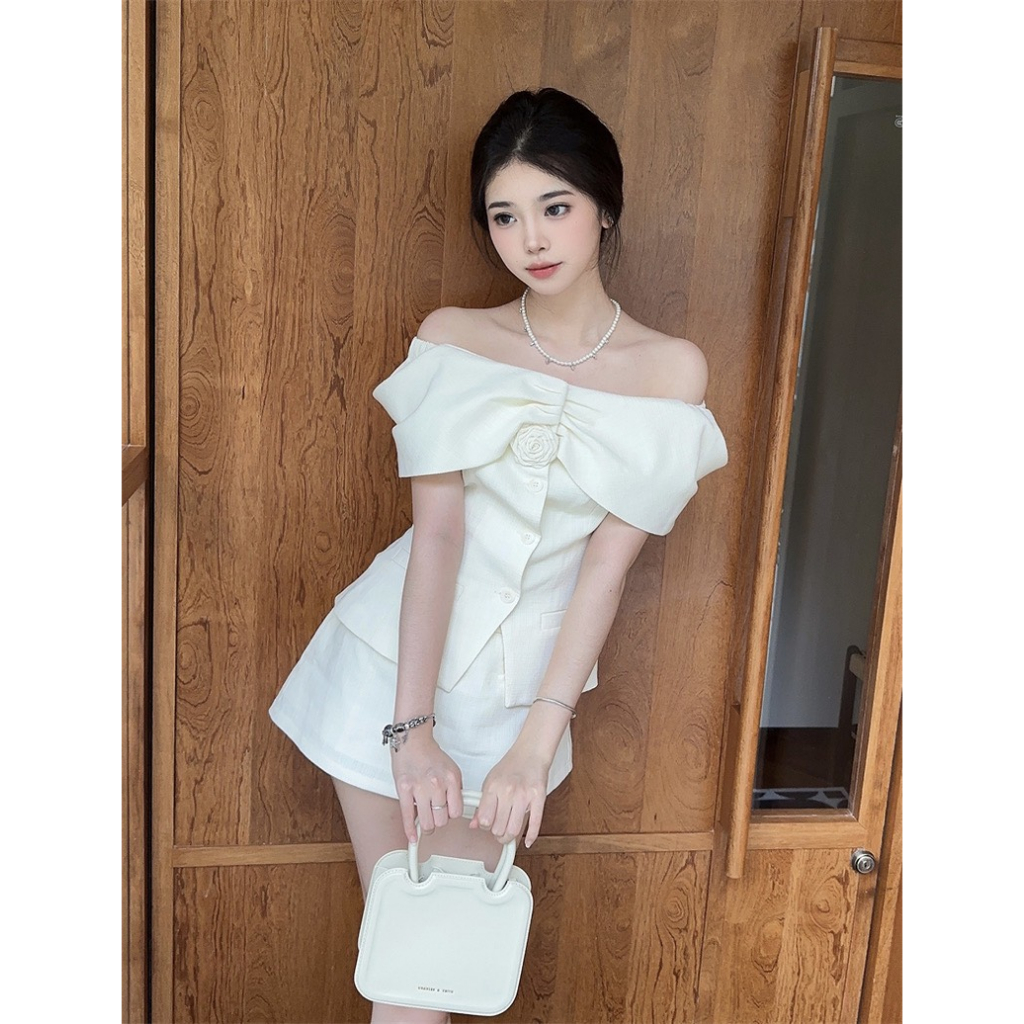 Set áo tweed trễ vai tiểu thư sang chảnh tặng kèm hoa cài chân váy A 2 lớp