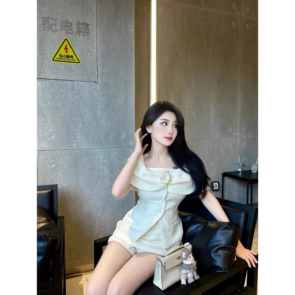 Set áo tweed trễ vai tiểu thư sang chảnh tặng kèm hoa cài chân váy A 2 lớp