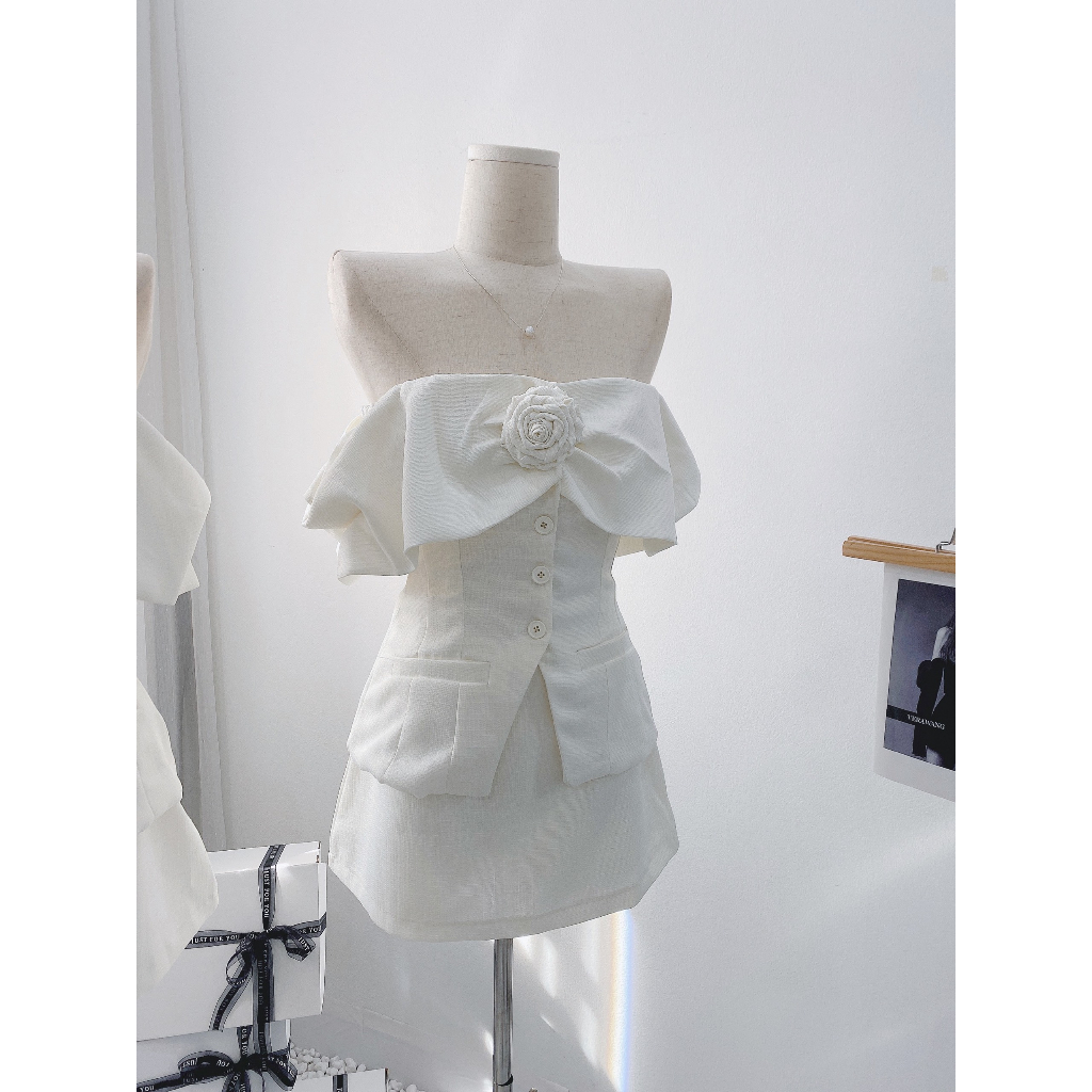 Set áo tweed trễ vai tiểu thư sang chảnh tặng kèm hoa cài chân váy A 2 lớp