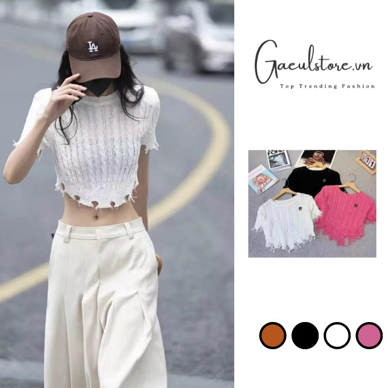 Ship hỏa tốc- áo len mỏng dệt kim croptop rách gấu mix chữ thập lưng