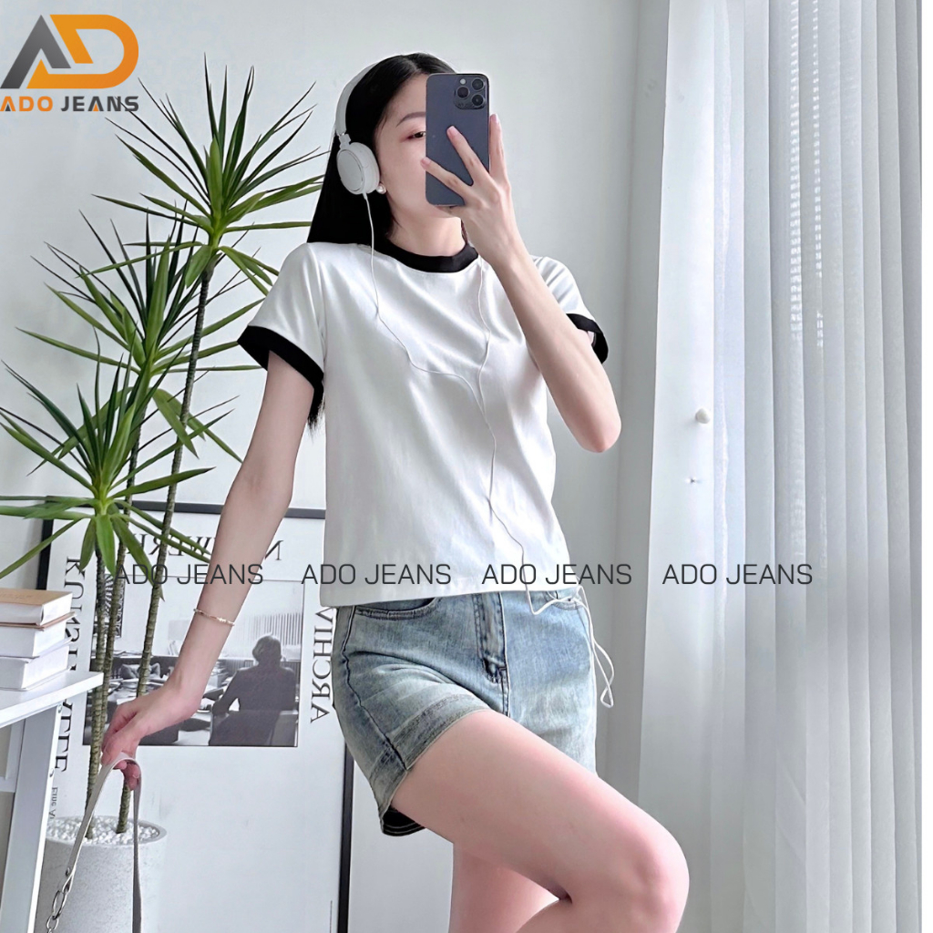 Áo thun baby tee ADO JEANS form ngắn tay raglan màu nền trắng in chữ xinh xắn, chất thun cotton 100% co giãn tốt
