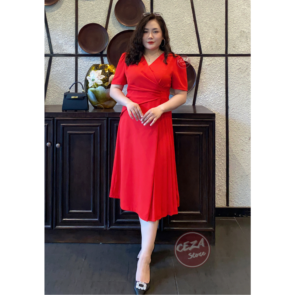 Váy xếp li cổ V bigsize thanh lịch tôn dáng đến 100kg