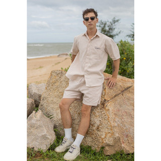Set bộ kaki áo sơ mi quần short màu sữa unisex nam nữ cao cấp local brand thêu logo teeholic