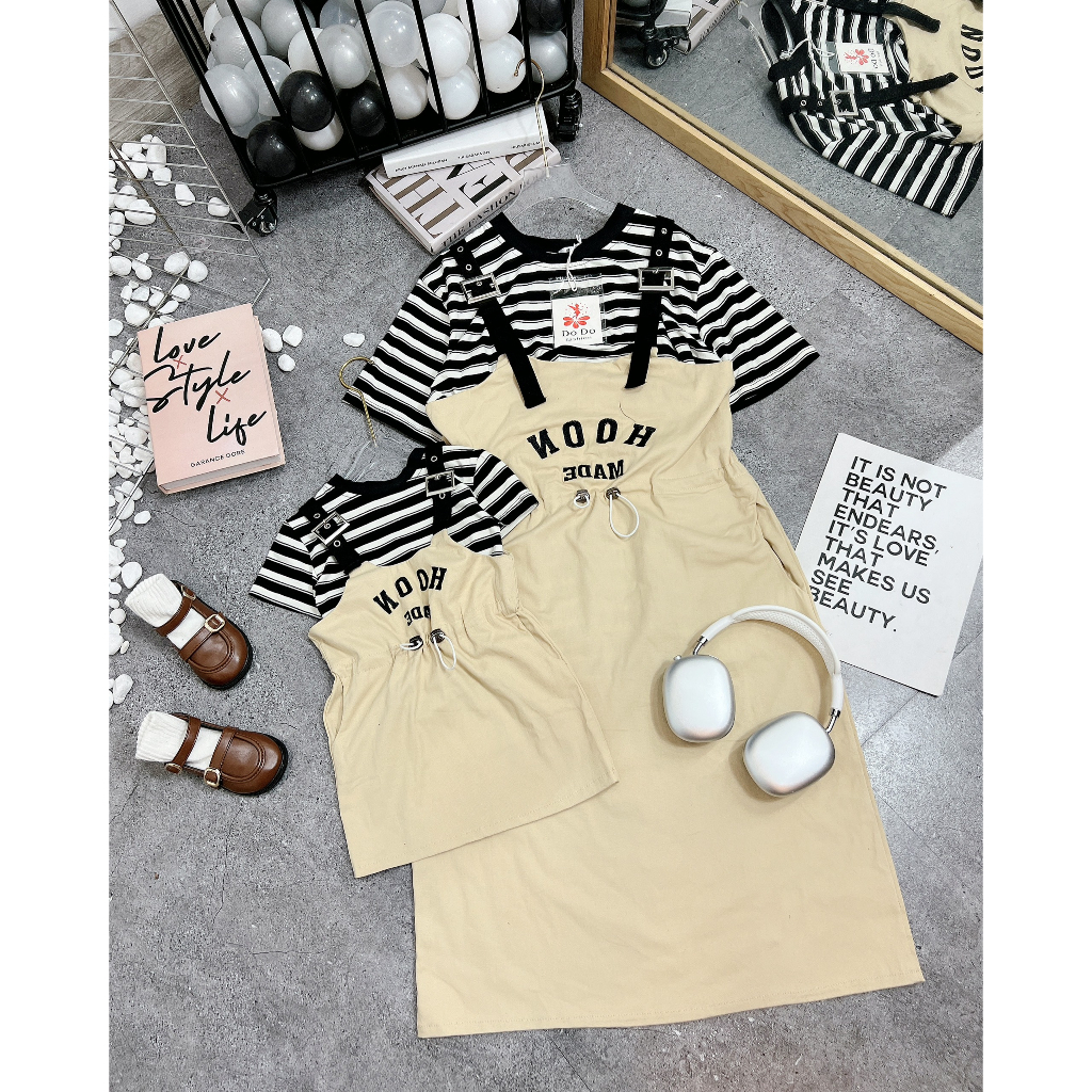 Set yếm váy kèm áo sọc cho Mẹ và Bé - B13